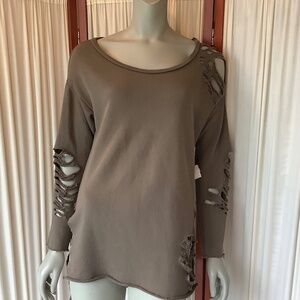 NSF Womens Distressed Destroyed Sweatshirt Top Khaki Green Size Small